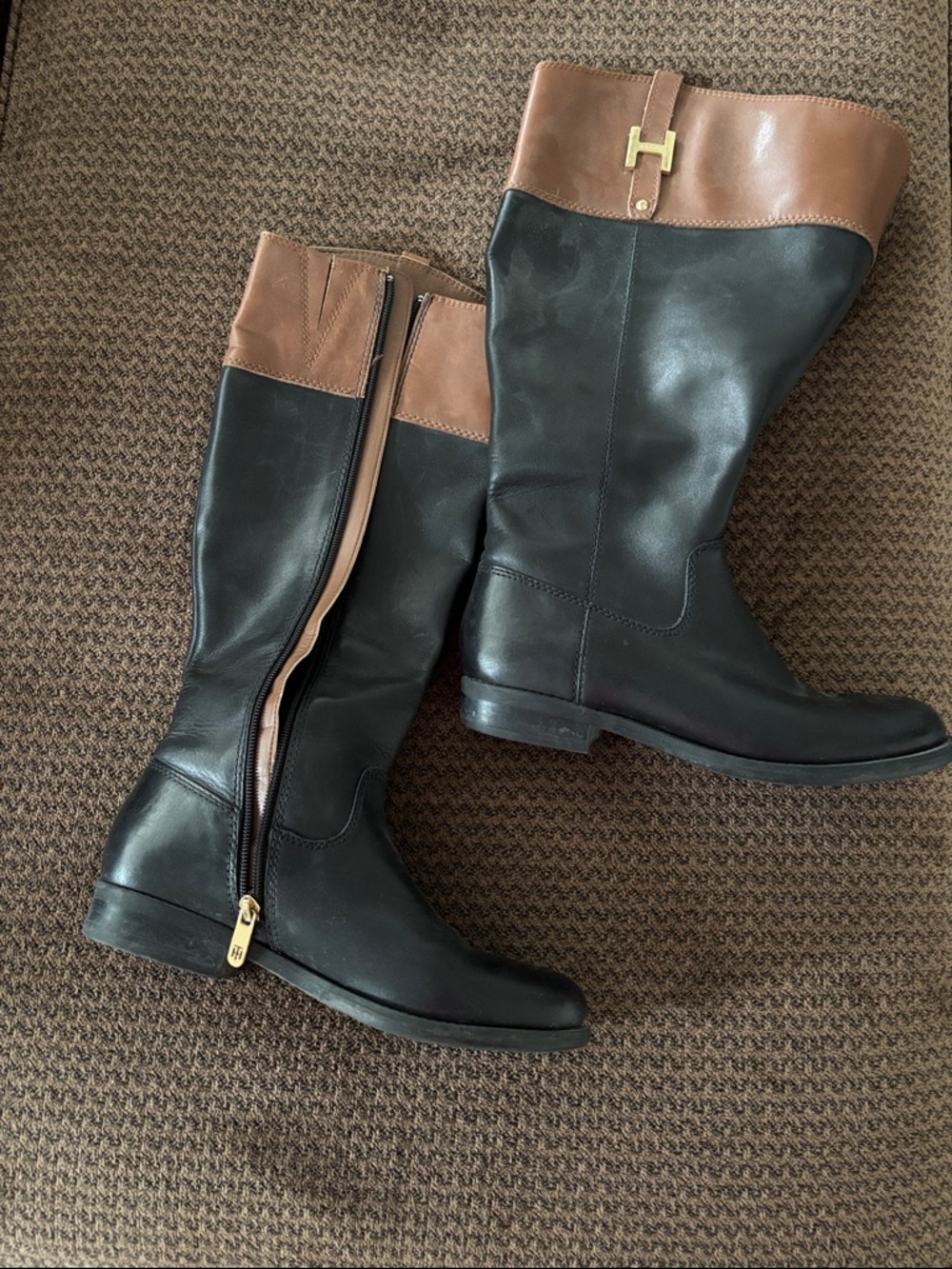 Tommy Hilfiger Black and Brown Leather Tall Riding Boots